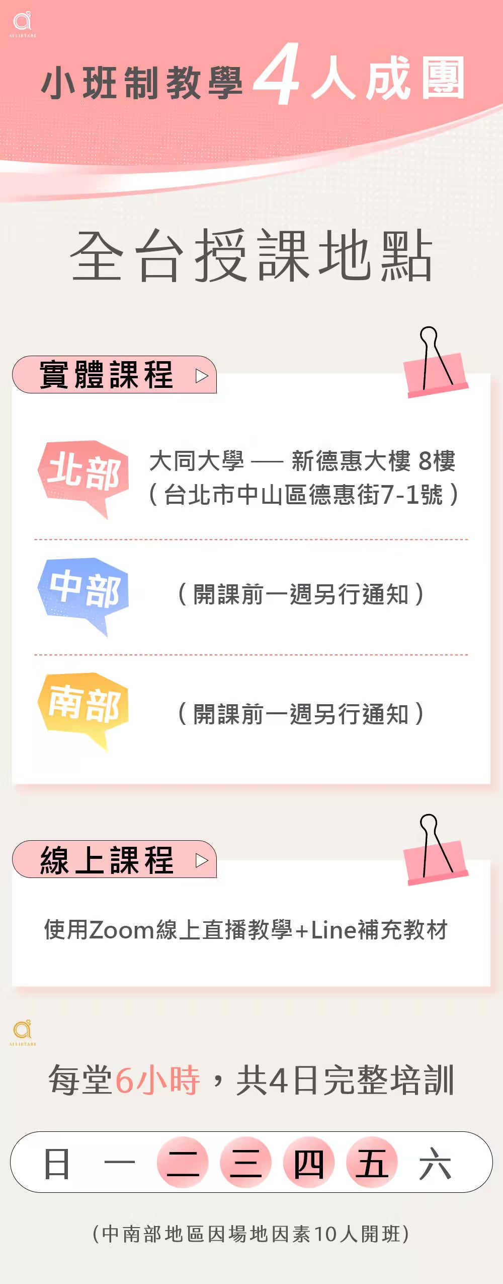 小班制 4 人成團與全台授課地點：台北大同大學實體班與 Zoom 線上班